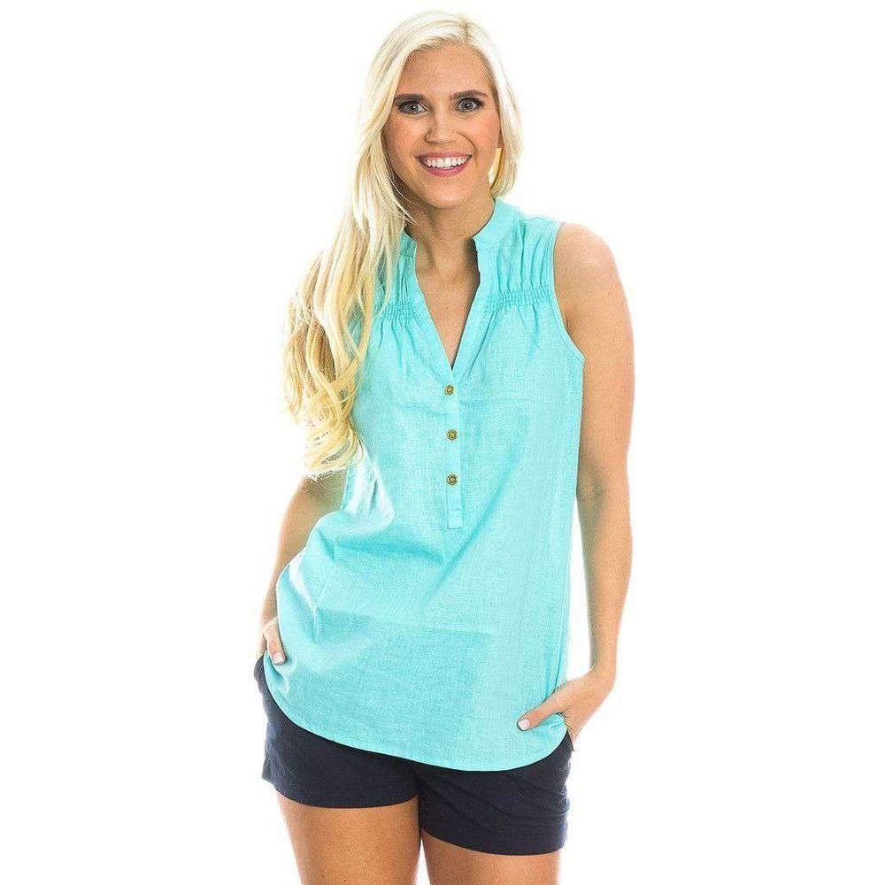 Lauren James Blue Callie Sleeveless Linen Buttoned Mandarin‎ Blouse